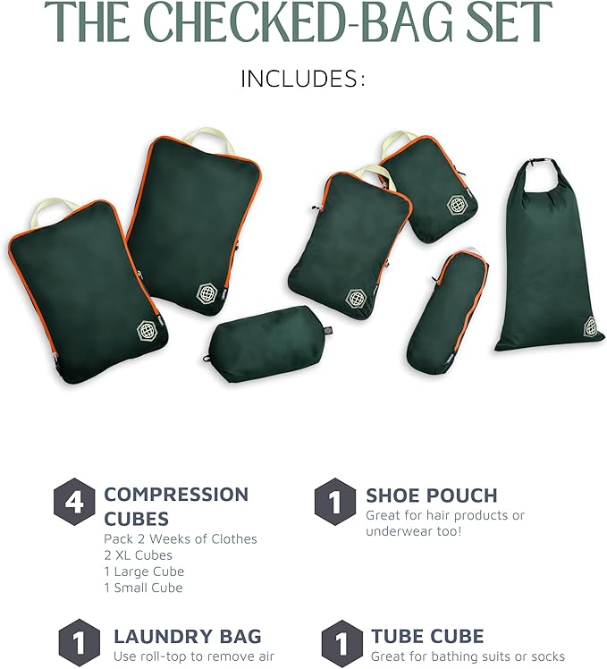 Large Compression Packing Cubes for Travel-Packing Cube Luggage Organizers 7 Piece Set for Checked Luggage-Ultralight, Expandable/Compression Bags by TRIPPED Travel Gear (Green/Orange)
