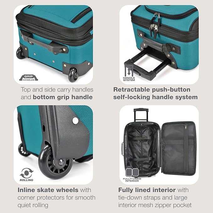 U.S. Traveler Rio Fabric Expandable Carry-on Luggage, Rolling Suitcase, Teal, 2 Wheel Set