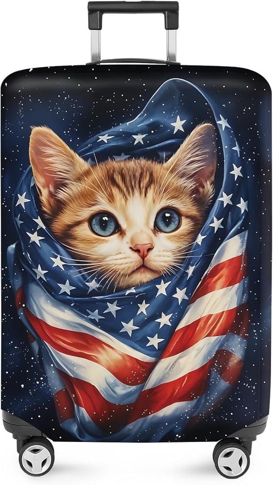 ANNA QUEEN Cute Patriotic Cat Luggage Cover, American Flag Suitcase Protector, Stretchable, Washable Travel Cover for 20-22 Inch Luggage