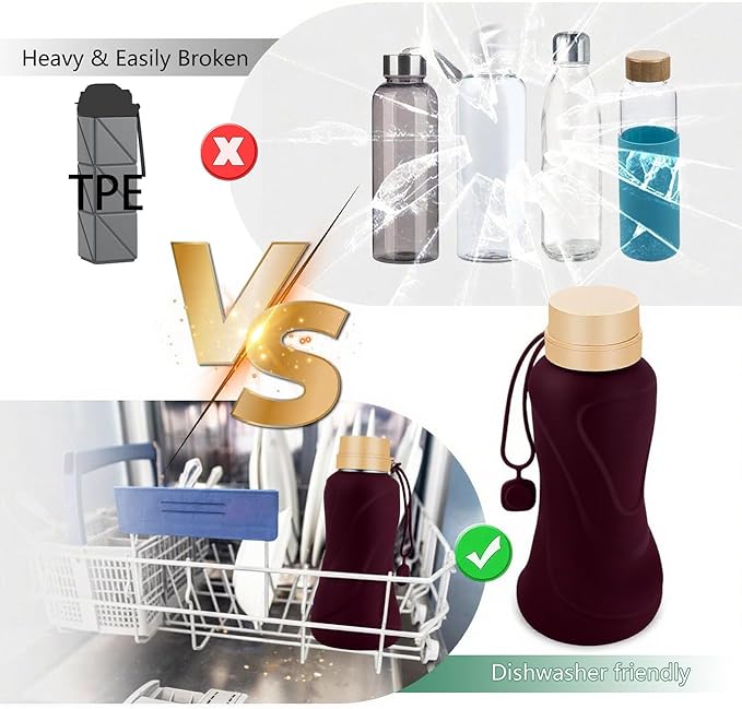 Collapsible Water Bottles,650ml,Leak Proof,Reuseable BPA Free Silicone Foldable Water Bottles,Durable Lightweight for Travel Gym Camping Hiking,Compact Size Portable Sports Water Bottle (Coffee)