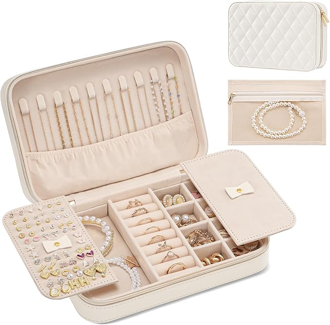 Lolalet Travel Jewelry Case for Women, Travel Jewelry Organizer Box with Mirror & Clear Storage Bag, Small Portable Traveling Earring Necklace Bracelet Ring Case, Bridesmaid Gifts -Medium, White