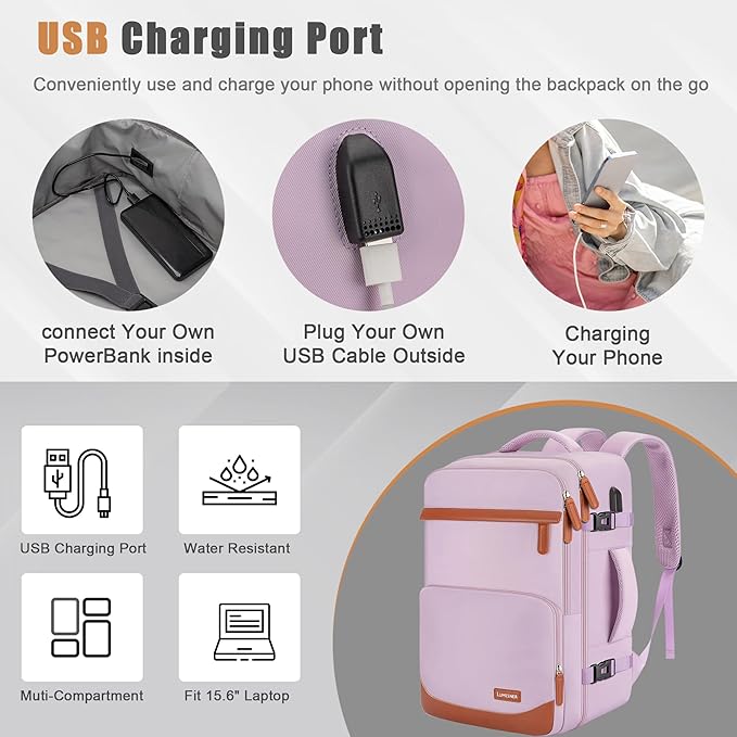 40L Travel Backpack with USB Charging Port, Water-Resistant Carry On Backpack for Men Women, Business Laptop Backpack for Trips & Commutes, Fits 15.6/17.3 Inch Laptop