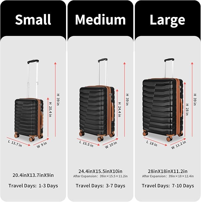 Lightweight Luggage with Spinner Wheels & YKK Zipper, 3-Piece Suitcase ABS+PC Hardside Hard Shell Luggage Set with TSA Lock, Black & Brown (20+24+28 inch)