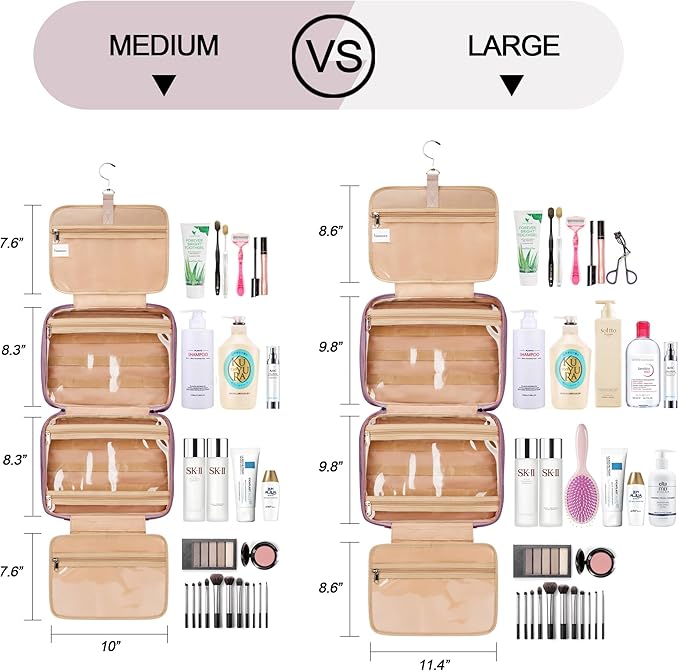 Travel Hanging Toiletry Bag for Women, with Jewelry Organizer Compartment, Medium Waterproof Hanging Makeup Accessories, Cosmetic Essentials, Toiletries Dopp Kit Set with Trolley Belt, Dark Purple