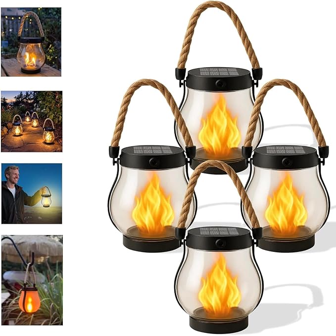 Kaliqo Solar Lantern Outdoor Lights, Solar Flame Lantern (Dancing Flame), Kaligo/Kaliquo IP65 Waterproof, 2025 New, USB & Sun Charging, Hanging Lanterns for Garden Yard Decor, 2 Pack Hemp Rope (1)