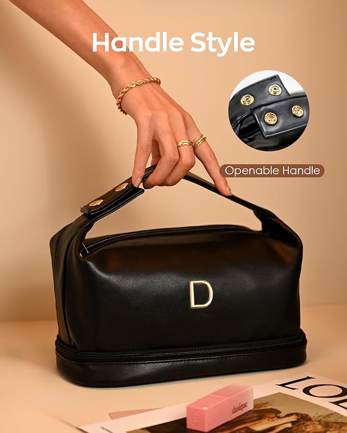 Makeup Bags Personalized Bags with Handle, Waterproof Double Layer Cosmetic Bag, Large Capacity PU Leather Makeup Bags Letter Travel Toiletry Bag with Makeup Brush Organizer