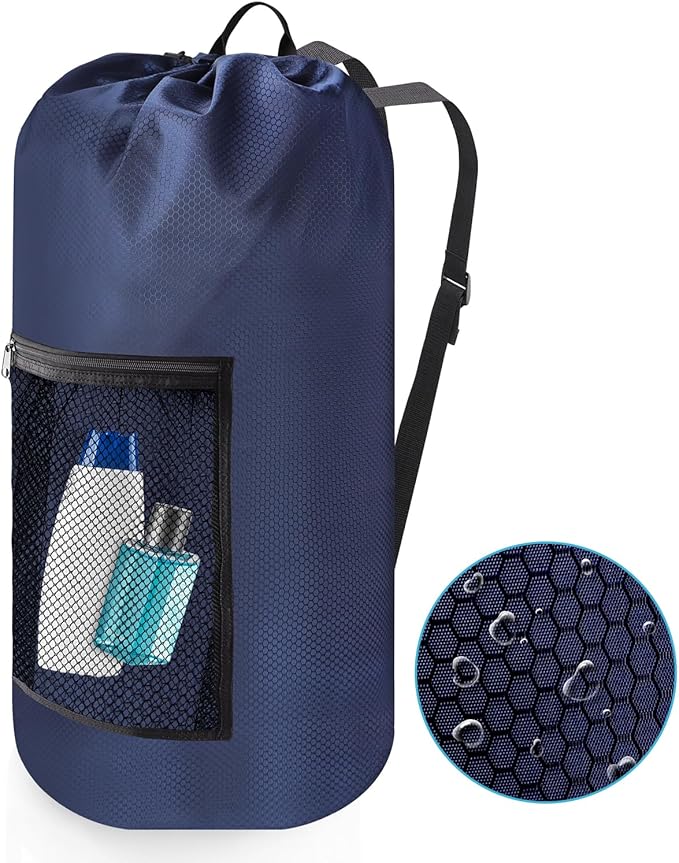 Portable with Adjustable Shoulder Straps Travel Dirty Laundry Bag,with Drawstring Closure & Mesh Pocket Backpack Laundry Bag for College,Apartment,Camping(Dark Blue)