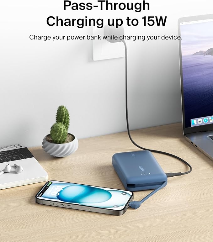 Belkin Portable Charger, Portable Power Bank with Integrated Cable 10000 mAh 20W - Fast Charge USB C Power Delivery, iPhone Charger - iPhone 16 Series, iPad Pro, Galaxy S25, & More - Blue
