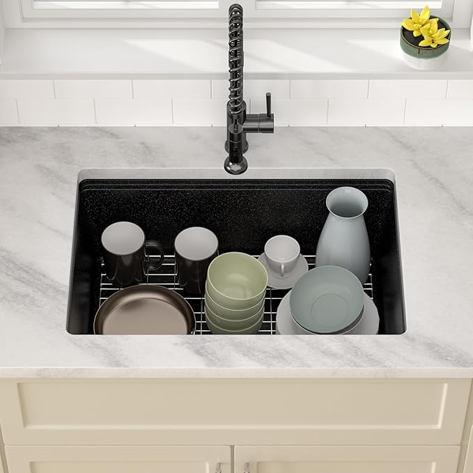 Dcolora 28 Inch Matte Black Undermount Kitchen Sink Single Bowl Modern Sink Workstation Granite Composite,#DC-GU0004BS