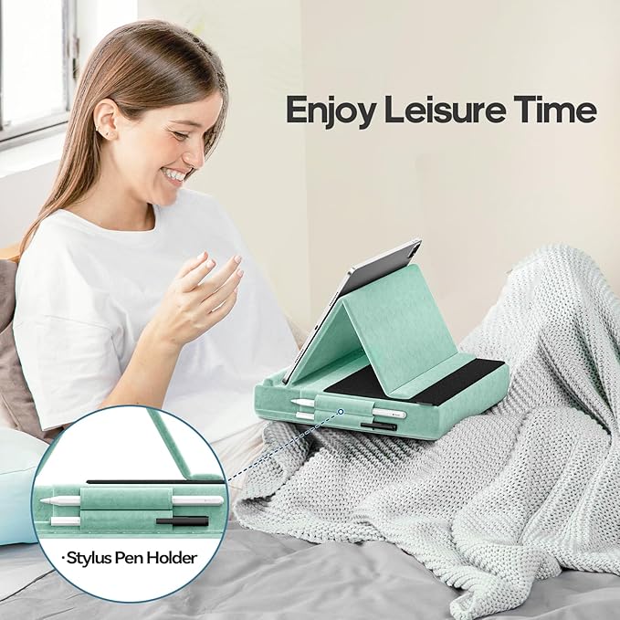 KDD Tablet Pillow Stand, Multi-Angle Viewing Ipad Holder for Lap, Bed and Desk, Foldable Soft Pad Dock with Stylus Mount Compatible with Ipad Pro 12.9, 10.5, 11, Air, Mini, Phones, Books, E-Reader