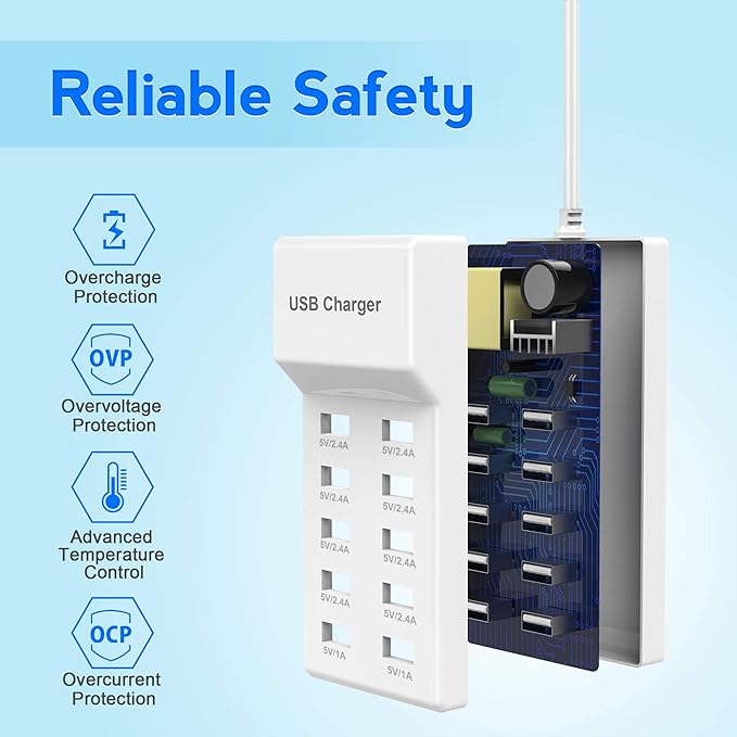 USB Charger Station Block with Rapid Charging Auto Detect Technology Safety Guaranteed 10-Port Family-Sized Smart USB Ports for Multiple Devices Smart Phone Tablet Headphones