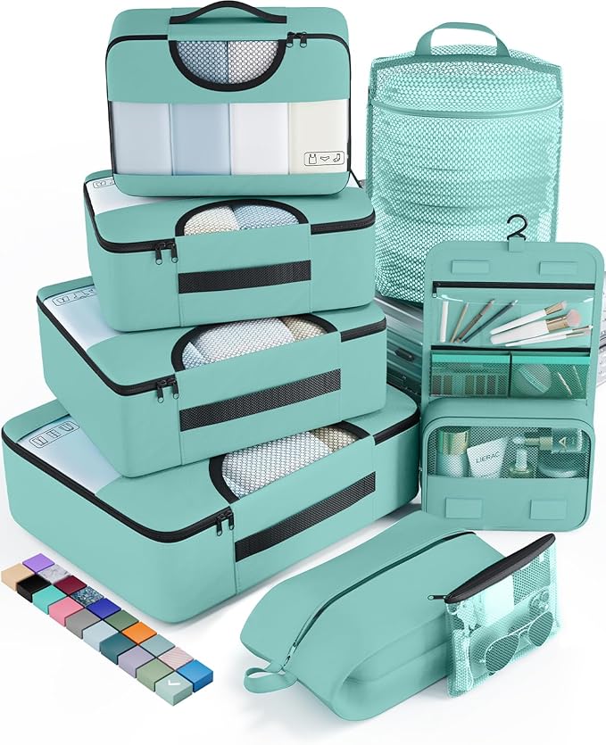 Veken 8 Set Packing Cubes for Travel Essentials, Suitcase Organizer Bags in 4 Sizes, Carry-On Luggage Accessories with Large Laundry & Hanging Toiletry Bag, Must-Have for Airplane, Road Trip & Camping