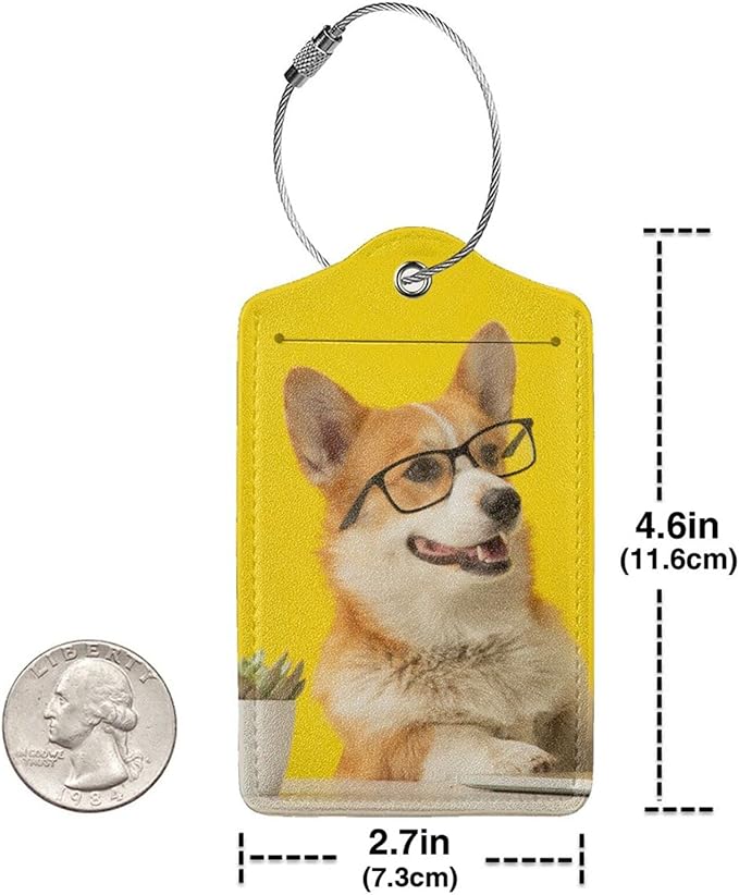 2 Pcs Yellow Luggage Tags for Suitcases Cute Dog with Glasses Pattern Leather Backpack Tag with Stainless Steel Loop Privacy Cover ID Label Travel Bag Tags Luggage Identifiers for Adults Kids Travel