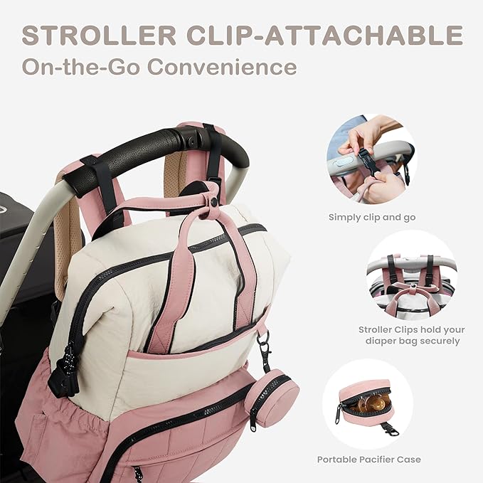 VONAL Diaper Bag Backpack, Lightweight Baby Diaper Bags, Travel Large Diaper Bag with Changing Station, Pink Diaper Backpack for Boys Girls Newborn with Insulated Pockets, Stroller Straps