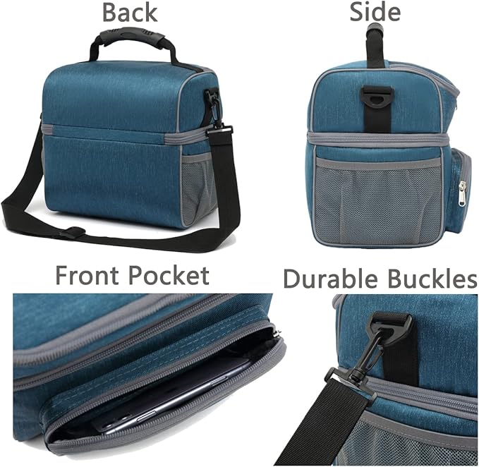 FlowFly Double Layer Cooler Insulated Lunch Bag Adult Lunch Box Large Tote Bag for Men, Women, With Adjustable Strap,Front Pocket and Dual Large Mesh Side Pockets