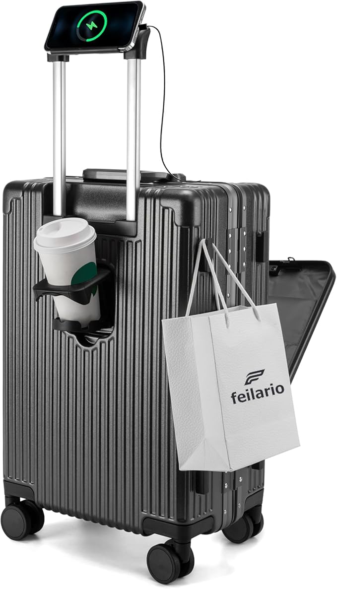 feilario 20in Aluminium Frame PC Hard Shell Spinner Wheels Luggage, Built-In TSA lock Carry on Suitcase, with Cup Holder, USB Port, Phone Holder
