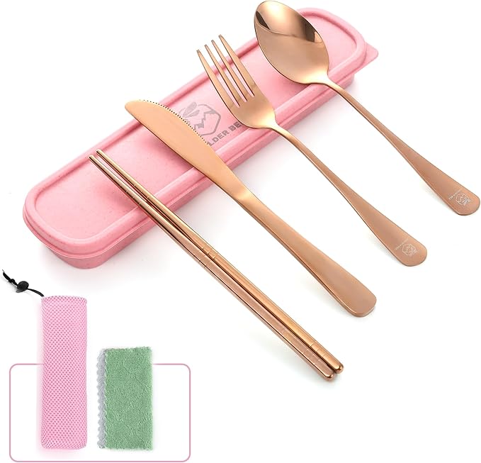 Boulder Bee Travel Utensils Set | Reusable Camping Cutlery Set | Stainless Steel Flatware Set | Portable Silverware Set with Case | Includes Knife/Fork/Spoon/Chopsticks/Cleaning Cloth/Case (Rose)