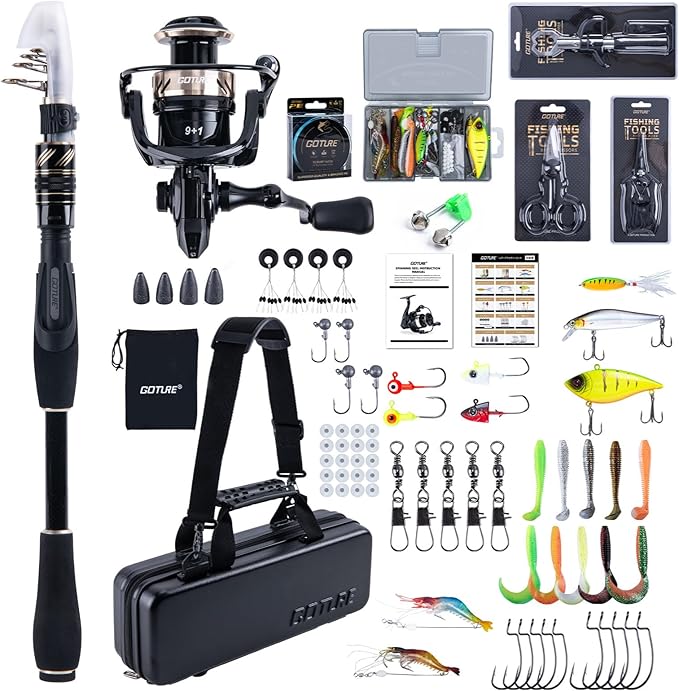 Goture Fishing Rod and Reel Combo - Carbon Fiber Telescopic Fishing Pole - Spinning Reel 9+1 Shielded Bearings Stainless Steel BB - A