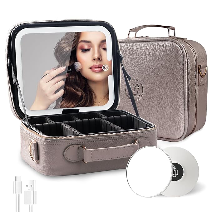 MOMIRA Travel Makeup Bag Cosmetic Bag with Lighted Mirror, Adjustable Brightness in 3 Color Scenarios/Detachable makeup mirror, All-round Upgrade, Waterproof, Gift for Women -Beige Grey