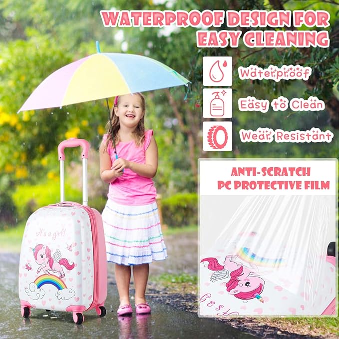 HONEY JOY Kids Luggage, 12" Toddler Backpack & 16" Travel Suitcase with Wheels, Lightweight Toddler Girls Suitcase, Durable ABS Hardshell, 2Pcs Carry On Luggage Set for Boys Girls(Unicorn)