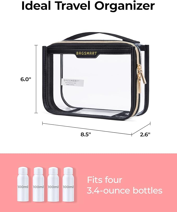 BAGSMART Clear Makeup Bag, TSA Approved Toiletry Bag, Makeup Cosmetic Pouch Bag for Women Quart Size Compliant Bag Organizer for Travel Essentials (Khaki,Pack of 1)