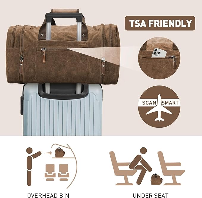 Wildroad Waxed Canvas Duffle Bag - 60L Waterproof Genuine Leather Weekender Overnight Travel Hand Bag