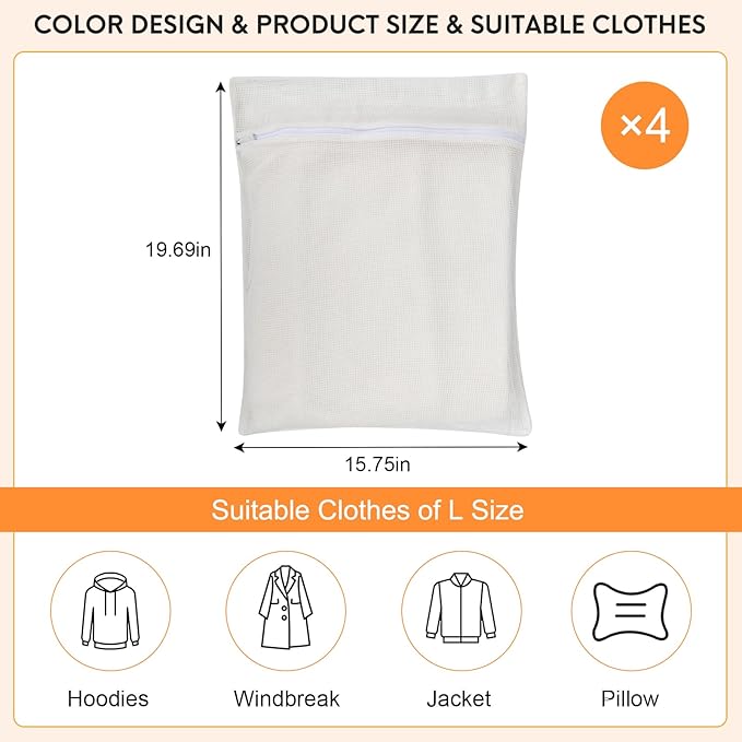 4-Piece White Large Durable Organic Cotton Mesh Laundry Bags with Sturdy Zippers and Breathable Mesh are Delicate Laundry Bags for Underwear, Clothes, Pants and Socks