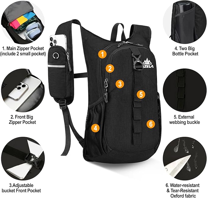 Seektop 15L Small Hiking Backpack for Women Men, Foldable Packable Backpack with Phone Pocket, Lightweight Travel Daypack for Hiking Camping Outdoor (Black)