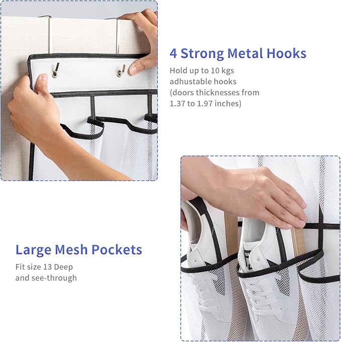 35 Pockets Over the Door Shoe Organizer, Hanging Shoe Organizer for Door with 35 Mesh Pockets Large Capacity Shoe Hanging Storage Bag with 4 Metal Hooks (White-1Pack)