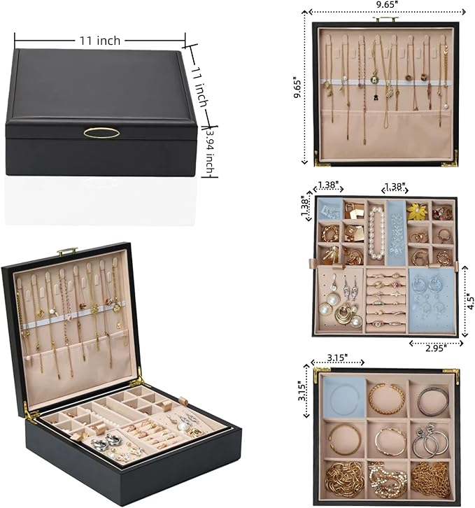 2-layer jewelry box，Jewelry Organizer with Handle，with hanging necklace hooks, detachable jewelry trays, suitable for storing a large amount of jewelry gift box (Large-Black)