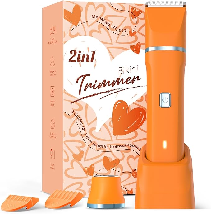 Facial Hair Removal for Women - Waterproof 2 in1 Rechargeable Eyebrow Facial Trimmer and Bikini Trimmer for Women, Painless Face Electric Razor/Shaver for Lip, Arms, Face, Peach Fuzz