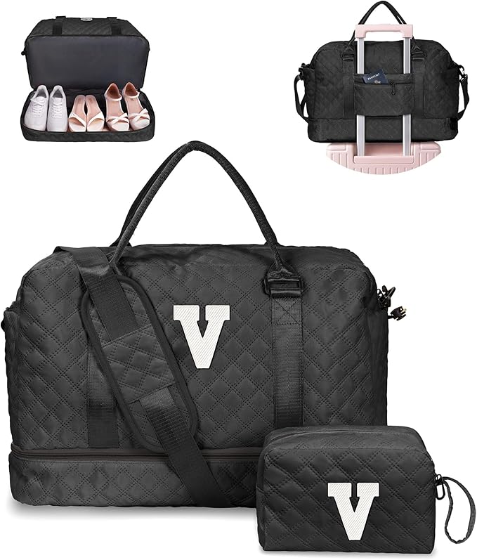 Bridesmaid Proposal Gifts-Initial Duffle Bag with Shoe Compartment, Personalized Weekender Bag, Monogram Overnight Bag, Travel Bag with Makeup Bag, Daughter Sister Birthday Gifts (Letter V)