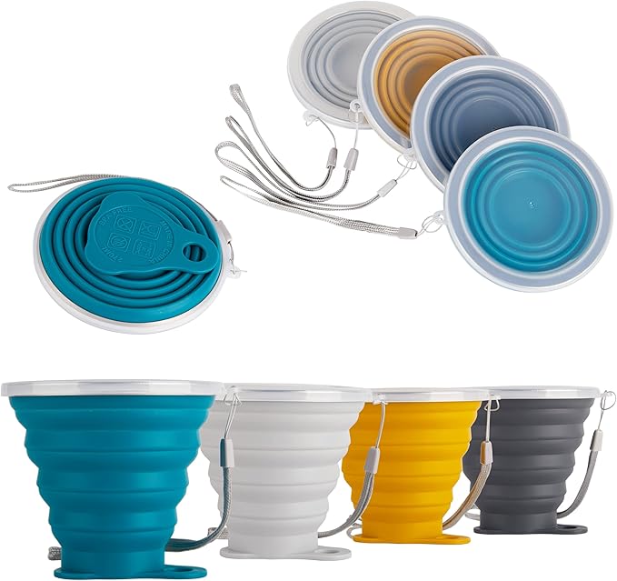 IYYI Silicone Collapsible Travel Cup, 9.22oz Folding Camping Cup with Lid, Expandable Drinking Cup Set, Portable Coffee Cup (Dark Gray-Lighr Gray-Yellow-Green, S-4)