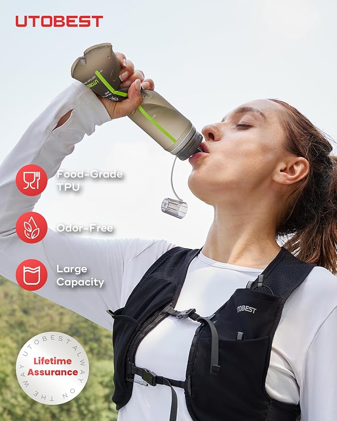 UTOBEST 500ml Soft Flask, 2 Pack Flexible TPU Hydration Water Bottle, Collapsible with 42mm Caliber for Running, Hiking, Cycling, Climbing, and Marathon Green