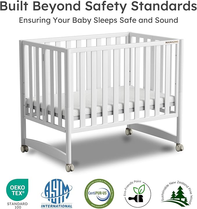 EvoNook 6-in-1 Convertible Mini Crib, 100% New Zealand Solid Wood, 4 Adjustable Mattress Heights, Crib with Mattress, White