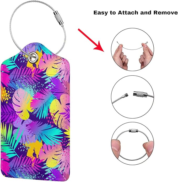 Set of 2 Purple Leaves of Palms Tree Luggage Tags for Suitcases, Colorful Art Tropical Flavour Leather Suitcase Tag Name Identifiers Labels for Travel Bag Baggage Backpack