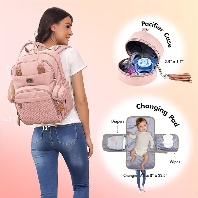 Dikaslon Diaper Bag Backpack with Portable Changing Pad, Pacifier Case and Stroller Straps, Large Unisex Baby Bags for Boys Girls, Multipurpose Travel Back Pack Moms Dads, Pink