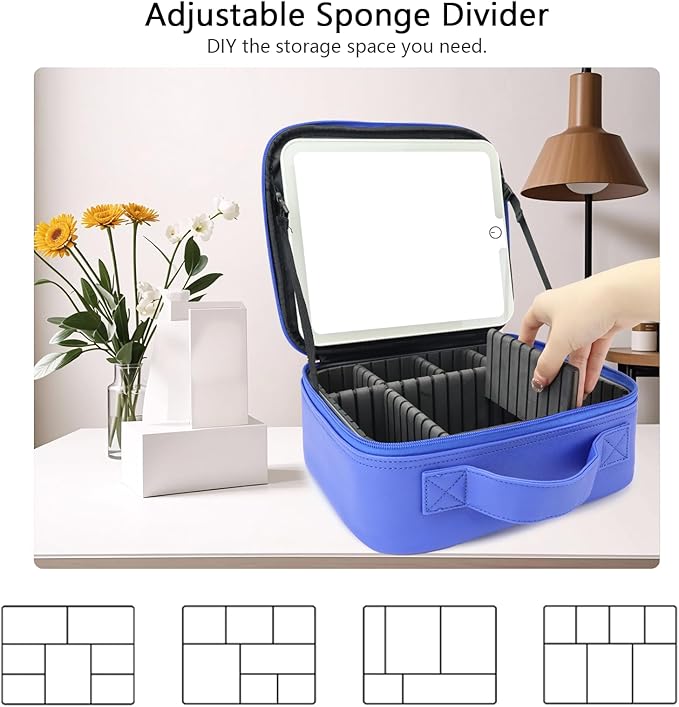 Travel Makeup Bag with LED Mirror Travel Makeup Organizer with 3 Lighted Settings, Adjustable Dividers and Makeup Brush Storage Bag Dark Blue
