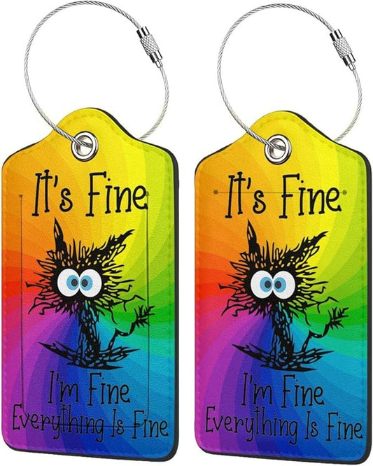 2 Pack Luggage Tags for suitcases Funny Cute Rainbow I'm Fine It's Fine Luggage Tag, Leather Stainless Steel Loop Label Tag for Men Women Travel Bag Suitcase(Rainbow Fine)