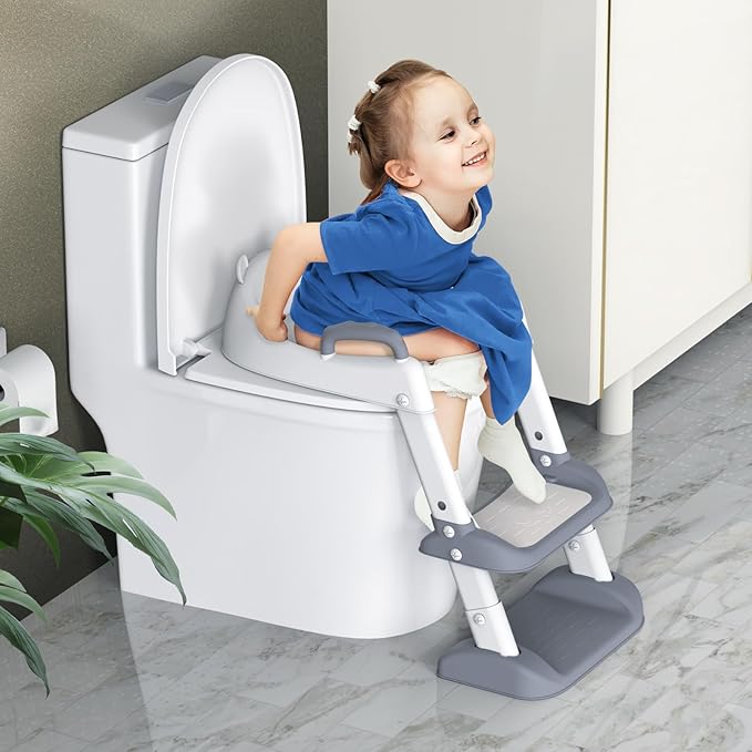 HBTower Potty Training Seat with Step Stool Ladder for Toddlers, Adjustable Kids Toilet Seat with Splash Guard, Anti-Slip Pads & Safety Handles, Comfortable Potty Chair for Boys & Girls (Grey)