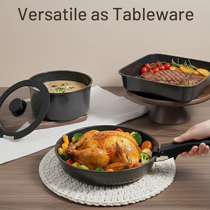 KIKCOIN Ceramic Nonstick Pots and Pans Set - Cookware Set with Detachable Handle - 25 Pack Stackable Cooking Set for RV Kitchen, with Frying Pans, Steamer - Induction/Dishwasher/Oven Safe, PFOA Free
