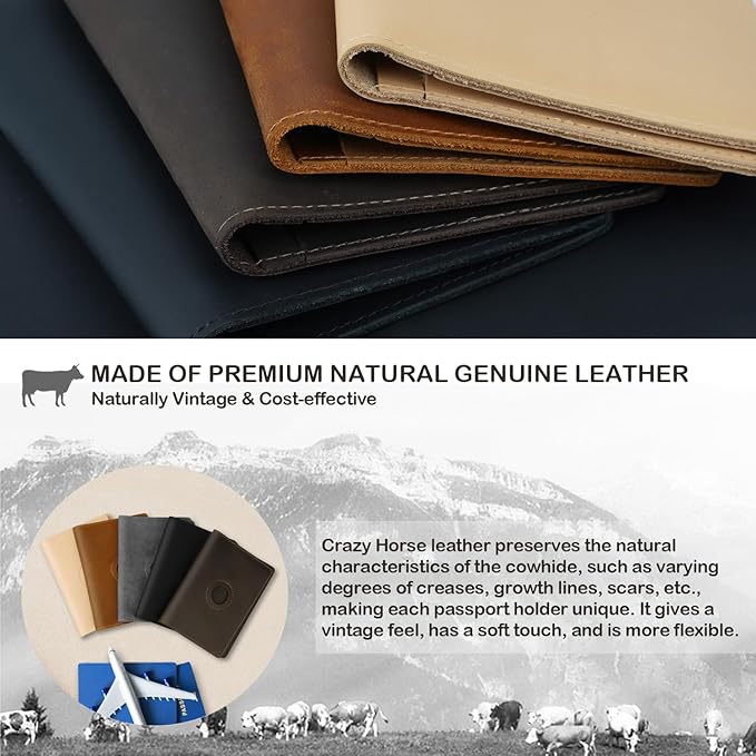 Passport Holder for Men and Women Travel, Real Leather Passport Wallet, Handmade Passport Cover Case with Airtag Slot, Travel Must Haves Essentials Accessories Birthday Gifts(Crazy Horse,Brown)