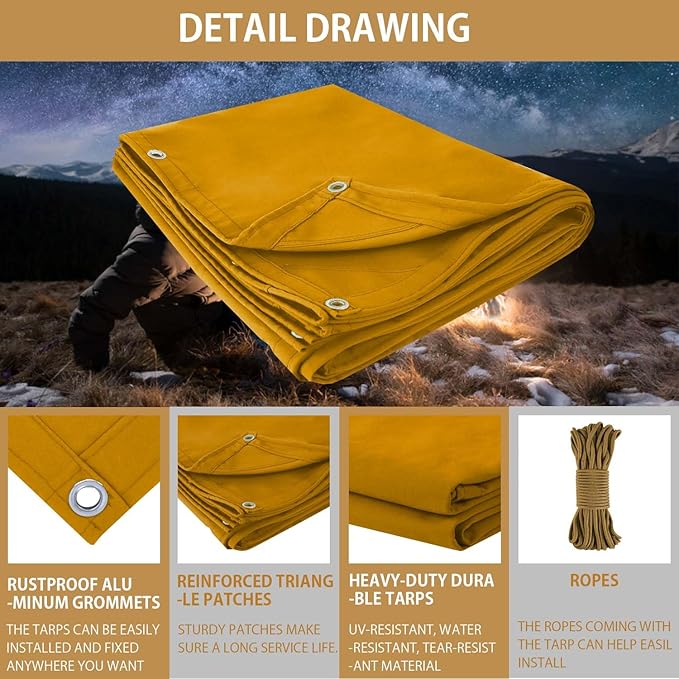 FoundGo 8x10ft Canvas Tarp 22 Mil Tarps 14 oz Canvas Tarpaulin Heavy Duty Cloth Water/UV Resistant Cover with Rustproof Grommets & Ropes for Cars,Roofs,Boats,Camps,Sunshades，Moisture Barrier -Tan