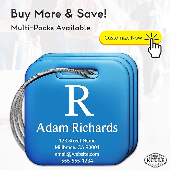 Customized Stainless Steel Luggage Tags: Personalize Your Suitcases, Backpacks, and Bags with Your Text (Blue)