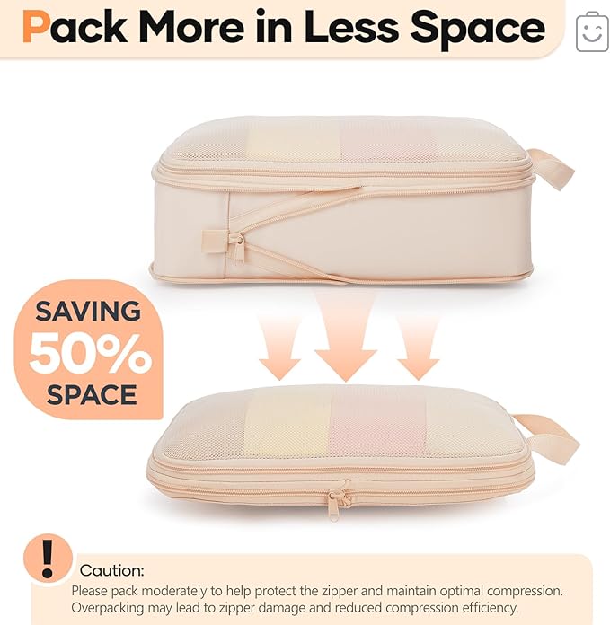 Veken 2/6/9/11 Set Compression Packing Cubes for Travel Essentials,Compressible Expandable Large Luggage Suitcase Organizer Bags for Clothing,Durable Space Saver Storage Bags(Beige)