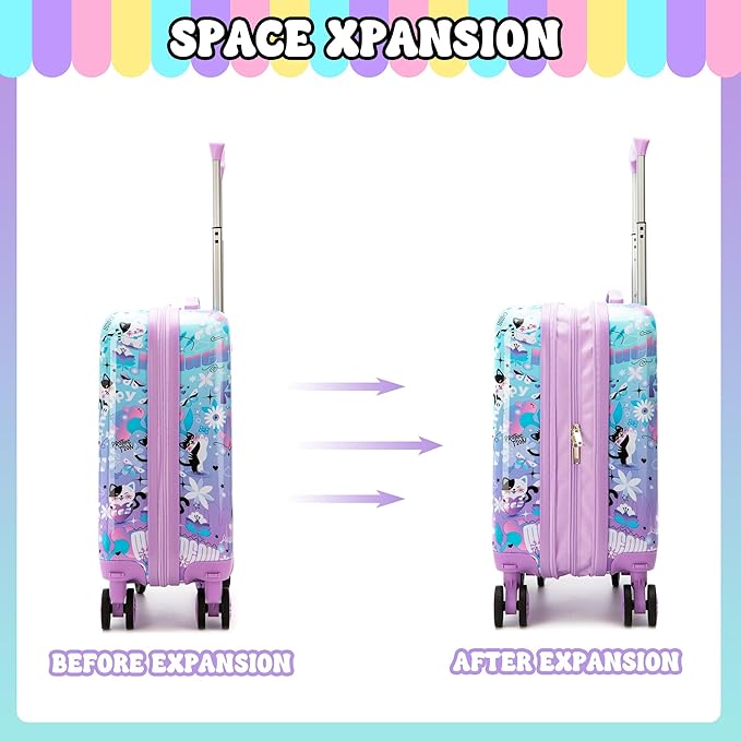 Cute Cat Kid's Luggage Set 2 Piece Suitcase Set 16" Hardside Luggage with Spinner Wheels Girls Carry on Toddler Travel Rolling Luggage Airline Approved