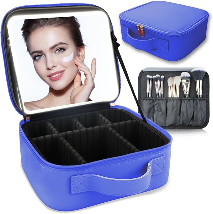 Makeup Bag with Led Mirror,Travel Makeup Organizer with 3 Color Setting, Portable Storage and Adjustable Dividers Travel Makeup Bag(dark blue)