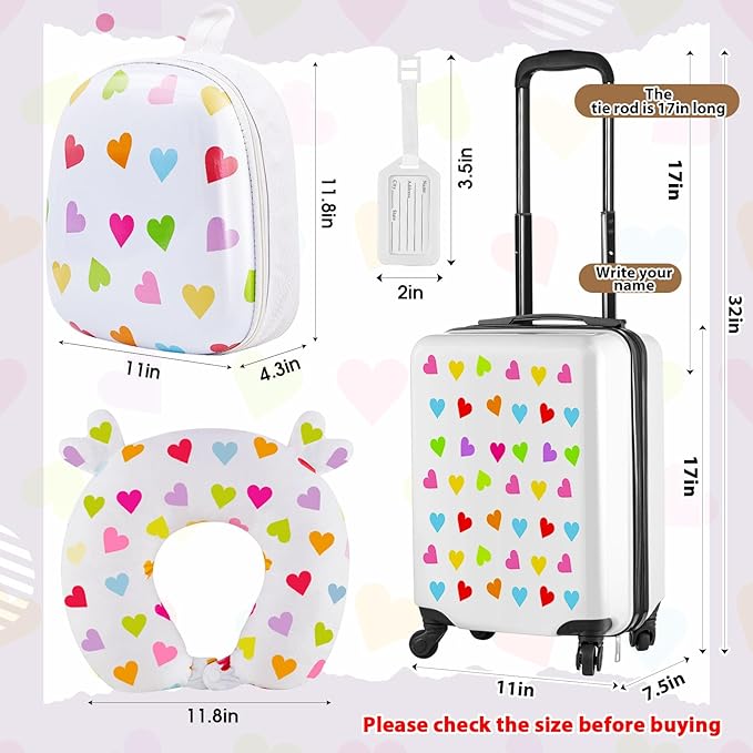 Sanwuta 4 Pcs Kids Luggage Set Kids Backpack Travel Rolling Suitcase with Wheels U-shape Pillow Childrens Gift for Girls Boys(17 Inch,Heart Style,White)