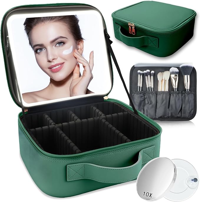 Makeup Bag with Led Mirror,Travel Makeup Organizer with 3 Color Setting & 10X Magnifying Mirror, Portable Storage and Adjustable Dividers Travel Makeup Bag-Dark green