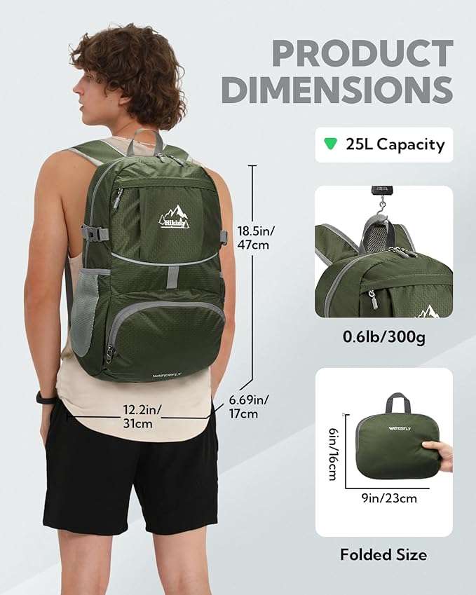 WATERFLY Hiking Foldable Daypack Backpack: 25L Ultra Lightweight Packable Waterproof Outdoor Travel Day Pack for Woman Man